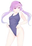  ass_visible_through_thighs bangs bare_shoulders blush breasts cameltoe collarbone commentary_request covered_nipples eyebrows_visible_through_hair hair_ornament highres long_hair looking_at_viewer medium_breasts mikoma_sanagi one-piece_swimsuit partially_visible_vulva purple_eyes purple_hair school_swimsuit short_hair_with_long_locks sidelocks simple_background smile solo standing swimsuit voiceroid wedgie white_background yuzuki_yukari 
