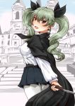  anchovy anzio_school_uniform bangs belt black_belt black_cape black_ribbon black_skirt cape commentary cowboy_shot dress_shirt drill_hair eyebrows_visible_through_hair girls_und_panzer green_hair hair_ribbon hanchou_(shirokun555) holding italy long_hair long_sleeves looking_at_viewer looking_back miniskirt open_mouth pantyhose partially_colored pleated_skirt real_world_location red_eyes ribbon riding_crop rome school_uniform shirt skirt smile solo standing twin_drills twintails white_legwear white_shirt 