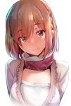  alice_gear_aegis bangs blush braid breasts brown_hair eyebrows_visible_through_hair head_tilt jacket jewelry kurowa large_breasts looking_at_viewer medium_hair necklace nose_blush pink_eyes scarf simple_background smile solo sutegoro_shiina upper_body white_background 