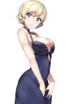  alternate_costume bare_shoulders blonde_hair blue_dress blue_eyes blush braid breasts choker cleavage commentary_request cowboy_shot darjeeling dress french_braid girls_und_panzer halter_dress highres large_breasts looking_at_viewer sideboob sikijou77o smile solo white_background 