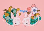  animal_ears artist_name bunny bunny_ears flower flower_pot leaf meyoco no_humans original pink_background pink_flower plant simple_background sparkle transparent water white_flower 