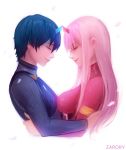  1boy 1girl bangs black_bodysuit black_hair blue_horns bodysuit breasts commentary couple darling_in_the_franxx english_commentary eyebrows_visible_through_hair eyes_closed face-to-face facing_another gloves hetero hiro_(darling_in_the_franxx) horns long_hair medium_breasts oni_horns petals pilot_suit pink_hair red_bodysuit red_horns short_hair signature white_gloves zarory zero_two_(darling_in_the_franxx) 