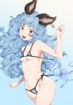  animal_ears assisted_exposure bikini blue_hair blush breasts brown_eyes cameltoe cowboy_shot earrings erune ferry_(granblue_fantasy) from_side gradient gradient_background granblue_fantasy highres jewelry long_hair micro_bikini navel open_mouth side-tie_bikini simple_background skindentation small_breasts solo string_bikini striped striped_bikini sunao_(souis) sweat swimsuit untied untied_bikini untying 