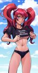  1girl black_panties blue_eyes blush breasts cross_ange hilda_(cross_ange) large_breasts looking_at_viewer panties red_hair smile solo twintails underwear 