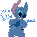  2018 4_fingers alien back_markings black_eyes blue_claws blue_fur blue_nose blue_pawpads butt butt_pose claws digital_drawing_(artwork) digital_media_(artwork) disney experiment_(species) fur hands_on_hips harara head_tuft hi_res hidden_mickey lilo_and_stitch looking_at_viewer looking_back markings notched_ear open_mouth open_smile pawpads pose rear_view signature simple_background small_tail smile solo star stitch tuft white_background 