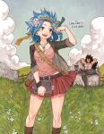  1girl 2018 :d armpits arms_behind_head bird bird_on_hand black_hair blue_hair boots borrowed_garments breasts brown_footwear brown_hairband brown_jacket brown_pants cat cleavage cloud collarbone dated day fairy_tail flower gajeel_redfox grey_shirt hair_flower hair_ornament hairband holding jacket jewelry levy_mcgarden long_hair medium_breasts miniskirt necklace open_clothes open_jacket open_mouth outdoors pantherlily pants pink_shirt pleated_skirt red_skirt rusky shirt skirt sleeveless sleeveless_shirt smile spiked_hair very_long_hair white_flower 