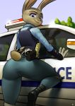  2018 absurd_res anthro belt belt_pouch butt car clothed clothing detailed_background disney female footwear fully_clothed greenfireartist gun handcuffs handgun hi_res holster judy_hopps knee_pads lagomorph looking_at_viewer looking_back mammal outside pants pistol police_car police_uniform rabbit ranged_weapon rear_view shackles shirt shoes smile solo tight_clothing uniform vehicle vest weapon zootopia 