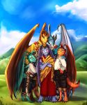  2018 anthro blue_eyes blue_scales clothed clothing daughter detailed_background digital_media_(artwork) dragon family father female gold_scales horn looking_at_viewer male membranous_wings mother mrfuriu orange_scales outside parent scales scalie smile son standing wings young 