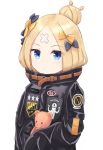  abigail_williams_(fate/grand_order) alternate_hairstyle bandaid_on_forehead bangs belt black_bow black_jacket blonde_hair blue_eyes blush bow commentary fate/grand_order fate_(series) forehead hair_bow hair_bun heroic_spirit_traveling_outfit high_collar holding holding_stuffed_animal jacket long_hair looking_at_viewer nanatsuna_(pixiv27963763) orange_bow parted_bangs polka_dot polka_dot_bow simple_background sleeves_past_fingers sleeves_past_wrists solo stuffed_animal stuffed_toy teddy_bear white_background 