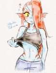  anthro blue_skin blush breasts clothed clothing female fish hair hair_over_eye jeans long_hair marine pants ponytail red_hair simple_background solo standing under_boob undertale undyne video_games yellow_eyes 