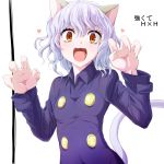  :3 :d androgynous animal_ears bangs brown_eyes cat_ears cat_tail claw_pose claws collared_shirt commentary_request eyebrows_visible_through_hair fangs fingernails grey_hair hair_between_eyes hands_up head_tilt heart hunter_x_hunter long_fingernails long_sleeves looking_at_viewer medium_hair neferpitou open_mouth purple_shirt sharp_fingernails shiny shiny_hair shirt short_hair simple_background smile solo tail upper_body v-shaped_eyebrows watarui wavy_hair white_background wing_collar 