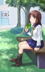  bangs bench black_legwear blue_skirt blurry blush brown_eyes brown_hair bush closed_mouth daifuku_(nyuudoukajika) day depth_of_field drinking_straw eyebrows_visible_through_hair feet_together grass highres hinata_yukari ichii_yui juice_box kneehighs loafers long_hair long_sleeves looking_at_viewer multiple_girls neckerchief nonohara_yuzuko okano_kei outdoors pleated_skirt school school_uniform school_uniform_(yuyushiki) serafuku shoes sitting skirt tree window yellow_neckwear yuyushiki 