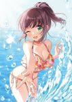  ;d bangs bikini blush breasts cleavage collarbone cowboy_shot day eyebrows_visible_through_hair fingernails floral_print green_eyes highres looking_at_viewer medium_breasts navel ocean one_eye_closed open_mouth original outdoors outstretched_arm ponytail print_bikini purple_hair shigure_ui short_hair side-tie_bikini sky smile solo sparkle standing swimsuit wading water water_drop wet 