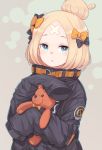  abigail_williams_(fate/grand_order) alternate_hairstyle bandaid_on_forehead bangs belt black_bow black_jacket blonde_hair blue_eyes blush bow commentary dotted_background fate/grand_order fate_(series) forehead grey_background hair_bow hair_bun heroic_spirit_traveling_outfit high_collar highres holding holding_stuffed_animal jacket long_hair looking_at_viewer orange_bow parted_bangs parted_lips polka_dot polka_dot_bow sleeves_past_fingers sleeves_past_wrists solo somnium stuffed_animal stuffed_toy teddy_bear 