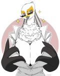  2018 aggressive_retsuko anthro avian beauty_mark big_breasts bird breasts chest_tuft cleavage clothed clothing eyelashes female giaba half-closed_eyes looking_at_viewer one_eye_closed sanrio secretary_bird shirt small_head smile solo tuft two_tone_background washimi 