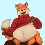  2018 anthro belly bulge canine claws clothed clothing clothing_lift cute_fangs digital_media_(artwork) fox girly hicanyoumooforme leggings legwear light_blue_background looking_at_viewer male mammal moobs navel one_eye_closed overweight panties presenting_belly seductive simple_background slightly_chubby smile smirk solo sweater thick_thighs tongue tongue_out underwear wink yellow_eyes 