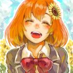  ^_^ ^o^ bangs blazer blue_sky blush bow bowtie closed_eyes cloud commentary_request day facing_viewer field flower flower_field grey_jacket hair_flower hair_ornament head_tilt honma_himawari jacket medium_hair nijisanji open_mouth orange_hair outdoors parted_bangs red_bow red_neckwear school_uniform shiny shiny_hair shirt shu-mai sky smile solo sunflower sunflower_hair_ornament upper_body virtual_youtuber white_shirt wing_collar 