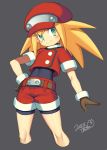  belt bike_shorts bike_shorts_under_shorts black_shirt blonde_hair brown_gloves commentary_request cropped_jacket cropped_legs gloves green_eyes hand_on_hip hat iroyopon jacket long_hair red_hat red_jacket red_shorts rockman rockman_dash roll_caskett shirt short_shorts shorts smile solo 