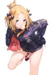  abigail_williams_(fate/grand_order) alternate_hairstyle bandaid_on_forehead bangs banned_artist belt black_bow black_jacket blonde_hair blue_eyes blush bow bubble_blowing chewing_gum commentary_request fate/grand_order fate_(series) forehead hair_bow hair_bun heroic_spirit_traveling_outfit high_collar hips holding holding_stuffed_animal jacket leaning_forward long_hair looking_at_viewer orange_bow parted_bangs paseri polka_dot polka_dot_bow red_footwear simple_background sleeves_past_fingers sleeves_past_wrists solo stuffed_animal stuffed_toy teddy_bear thighs white_background 