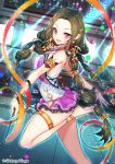  :d armlet barefoot braid brown_hair color_guard company_name confetti dutch_angle hair_ornament indoors interitio leotard long_hair looking_at_viewer official_art open_mouth orange_ribbon pink_leotard purple_eyes ribbon sid_story smile solo standing standing_on_one_leg twintails very_long_hair white_leotard 