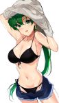  bikini breasts fire_emblem fire_emblem:_rekka_no_ken fire_emblem_heroes green_eyes green_hair high_ponytail highres long_hair looking_at_viewer lyndis_(fire_emblem) navel ormille ponytail shorts simple_background smile solo swimsuit undressing unfastened 
