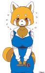  2018 aggressive_retsuko alternate_form anthro big_breasts blush breasts cleavage clothed clothing female fully_clothed fur giaba holding_microphone holding_object looking_at_viewer mammal microphone multicolored_fur nervous red_panda retsuko sanrio shirt simple_background skirt solo striped_fur stripes white_background 