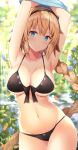  armpits arms_up bikini black_bikini blonde_hair blue_eyes blurry blurry_background blush braid breasts closed_mouth collarbone commentary_request cowboy_shot day depth_of_field eyebrows_visible_through_hair fate/grand_order fate_(series) front-tie_top hairband jeanne_d'arc_(fate)_(all) jeanne_d'arc_(swimsuit_archer) large_breasts lifted_by_self long_hair navel outdoors rin_yuu shirt_lift single_braid smile solo sweat swimsuit very_long_hair 