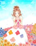  :d :o aqua_eyes blush bow brown_hair bug butterfly choker cloud cloudy_sky commentary dress earrings field flower flower_earrings flower_field flower_request go!_princess_precure hair_bow hair_flower hair_ornament haruno_haruka heart highres insect interlocked_fingers jewelry long_dress looking_at_viewer marker_(medium) mikan_(mikataaaa) open_mouth outdoors own_hands_together petals precure puff_(go!_princess_precure) purple_eyes short_hair sky smile solo thick_eyebrows traditional_media 