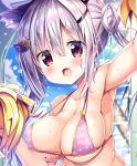  &gt;_&lt; :d arm_up armpits bangs bare_shoulders bikini blue_sky blurry blurry_background breasts cat_hair_ornament cleavage cloud cloudy_sky collarbone commentary_request covered_nipples dengeki_moeou depth_of_field double_bun eyebrows_visible_through_hair fang hair_between_eyes hair_ornament holding indoors kurou_(quadruple_zero) large_breasts long_hair mole mole_on_breast open_mouth original partial_commentary pink_bikini pom_poms print_bikini red_eyes side_bun sidelocks silver_hair sky smile solo star star_print swimsuit twintails 