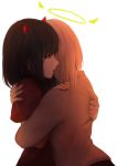  angel_and_devil beige_sweater black_hair blonde_hair commentary demon_horns halo highres horns hug long_hair multiple_girls open_mouth original red_eyes red_shirt shimmer shirt simple_background sweater symbol_commentary teeth upper_body white_background yuri 