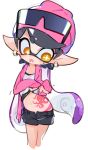  +_+ 1girl :o amiami aori_(splatoon) black_hair domino_mask earrings fang female groin hat jewelry mask midriff mole mole_under_eye navel open_mouth pointy_ears short_shorts shorts simple_background sleeves_past_wrists solo splatoon sunglasses sunglasses_on_head symbol-shaped_pupils tentacle_hair unbuttoned white_background 
