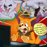  2018 anal anal_penetration anthro anus balls brown_eyes bubble computer cutaway dialogue english_text feline fellatio fur gnar_(lol) grey_fur halftone hi_res humor keyboard kled_(lol) league_of_legends lion looking_at_porn male male/male mammal meme monitor nipples open_mouth oral orange_fur penetration penis red_eyes rengar_(lol) response riot_games s-o-husky scar sex shocked simple_background teeth text video_games yordle young 