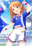  :d badge ball blue_hairband blue_shirt button_badge cloud commentary_request confetti day double_vertical_stripe gym_shorts hairband highres ichiren_namiro idolmaster idolmaster_cinderella_girls medium_hair midriff navel open_mouth orange_hair shirt shorts sky smile soccer soccer_ball soccer_uniform solo sportswear stadium sweatband white_shorts wind wind_lift yuuki_haru 