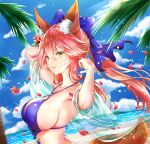  animal_ear_fluff animal_ears armpits arms_up bangs bare_shoulders beach bikini blue_bikini blue_bow blue_sky blurry blurry_foreground bow breasts brown_eyes cloud collarbone day depth_of_field dutch_angle eyebrows_visible_through_hair fate/grand_order fate_(series) flower fox_ears fox_girl fox_tail hair_between_eyes hair_bow hair_flower hair_ornament large_breasts long_hair md5_mismatch melings_(aot2846) o-ring o-ring_top ocean outdoors palm_tree parted_lips petals pink_hair red_flower sand see-through sky smile solo swimsuit tail tamamo_(fate)_(all) tamamo_no_mae_(swimsuit_lancer)_(fate) tree twintails v-shaped_eyebrows water 