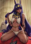  &lt;o&gt;_&lt;o&gt; 2018 animal_ears armlet artist_name bangle bangs bare_legs bare_shoulders beads bed bed_sheet belly_chain between_legs bracelet branch breasts breasts_apart canopy_bed closed_mouth commentary curtains dark_skin earrings egyptian egyptian_clothes english_commentary facial_mark fate/grand_order fate_(series) fingernails full_body hair_between_eyes hair_rings hair_tubes head_tilt highres holding holding_hair hoop_earrings indoors jackal_ears jewelry lips long_hair looking_at_viewer makeup mascara medium_breasts medjed navel nitocris_(fate/grand_order) nose panties purple_eyes purple_hair realistic sciamano240 signature sitting solo staff stomach tiara translucent underwear very_long_hair wariza white_panties 