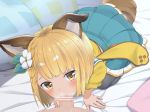  1girl all_fours animal_ears bangs bar_censor bed_sheet black_legwear blonde_hair blue_skirt blush braid censored chaostein commentary_request dog_ears dog_tail erune eyes_visible_through_hair fellatio flower granblue_fantasy hair_flower hair_ornament hetero indoors looking_at_viewer on_bed open_mouth oral pantyhose penis pillow pink_pillow pleated_skirt sailor_collar shirt short_hair skirt solo_focus tail vajra_(granblue_fantasy) white_flower white_sailor_collar yellow_eyes yellow_shirt 