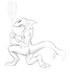  anthro black_and_white crouching fin fish holding_object holding_weapon male marine melee_weapon monochrome muscular muscular_male nude polearm shark sketch solo trident w4g4 weapon 