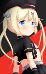  :t absurdres azur_lane bandeau black_background black_gloves black_hat black_jacket black_skirt blonde_hair blue_eyes blush bow closed_mouth commentary cropped_jacket diagonal_stripes flat_chest gloves hair_bow hair_ornament hairclip hat highres jacket long_hair looking_away looking_to_the_side peaked_cap pleated_skirt pout red_background short_sleeves sidelocks skirt solo striped striped_bow symbol_commentary twintails two-tone_background yuujoduelist z18_(azur_lane) 