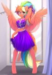  2018 absurd_res anthro blue_eyes breasts clothed clothing digital_media_(artwork) equine fan_character feathered_wings feathers female fensu-san hair hi_res horn inside long_hair looking_at_viewer mammal midriff mirror multicolored_hair my_little_pony navel pigeon_toed rainbow_hair skirt solo winged_unicorn wings 