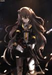  bad_id bad_pixiv_id bangs brown_hair city_lights clothes_writing commentary dyolf eyebrows_visible_through_hair floating_hair from_side girls_frontline gloves gun h&amp;k_ump h&amp;k_ump45 hair_between_eyes hair_ornament head_tilt headgear heckler_&amp;_koch holding holding_gun holding_weapon jacket long_hair looking_at_viewer mod3_(girls_frontline) night one_eye_closed one_side_up outdoors parted_lips prosthesis prosthetic_arm rain scar scar_across_eye submachine_gun ump45_(girls_frontline) weapon wind wind_lift yellow_eyes 