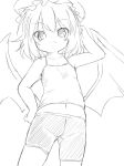  1girl bike_shorts camisole demon_wings female hat mob_cap monochrome navel remilia_scarlet saezuru_usagi sketch solo touhou wings 