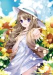  :d artist_name bangs blue_dress blue_sky blurry blurry_foreground blush brown_hair brown_jacket cloud cloudy_sky commentary_request day depth_of_field dress eyebrows_visible_through_hair field floral_print flower flower_field hair_between_eyes hand_up hat jacket long_hair nanase_nao official_art open_clothes open_jacket open_mouth original outdoors outstretched_arm print_dress puffy_short_sleeves puffy_sleeves purple_eyes short_sleeves sky smile solo sun_hat sunflower very_long_hair watermark white_hat yellow_flower 