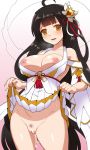  1girl apsara_(elsword) ara_han bikini blush braid breasts breasts_outside cum cum_in_pussy cumdrip detached_sleeves elsword eyebrows_visible_through_hair frown heavy_breathing micro_bikini nipples nt00 pubic_hair skirt skirt_lift sweat swimsuit 