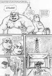  2015 anthro bear biceps blush building christmas christmas_tree clothed clothing comic dialogue duo english_text father father_and_son gift greyscale holding_gift holding_object holidays ill male mammal markwulfgar monochrome muscular muscular_male nipples parent pecs shirt sneeze snot son speech_bubble tank_top text topless tree umbrella 