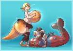  2018 animal_humanoid anthro big_breasts big_butt black_hair blonde_hair blue_eyes breast_expansion breasts butt clothed clothing dragon_humanoid duo female fish hair hand_on_breast handles huge_breasts humanoid living_inflatable marine partially_clothed redflare500 rubber shark shirt short_hair simple_background skirt standing torn_clothing transformation 