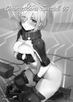  between_legs blush breasts cable closed_mouth collar commentary_request covering covering_breasts cum cum_on_body fate/grand_order fate_(series) gloves greaves greyscale hair_over_one_eye hand_between_legs hips kneeling large_breasts mash_kyrielight metal_collar monochrome ortenaus pauldrons short_hair thighs yang-do 