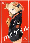  abigail_williams_(fate/grand_order) absurdres alternate_hairstyle bandaid_on_forehead bangs belt black_bow black_jacket blonde_hair blue_eyes blush bow commentary_request fate/grand_order fate_(series) forehead hair_bow hair_bun hand_in_pocket high_collar highres hips holding holding_stuffed_animal jacket long_hair looking_at_viewer looking_to_the_side orange_bow parted_bangs polka_dot polka_dot_bow red_background shimono_kuro_yuki sleeves_past_fingers sleeves_past_wrists solo stuffed_animal stuffed_toy teddy_bear thighs x 