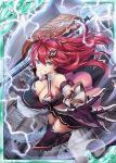  akkijin aqua_eyes armor axe bare_shoulders bolt breasts card_(medium) castle dress hair_ornament holding holding_weapon large_breasts lightning looking_at_viewer official_art outdoors pink_dress red_hair shinkai_no_valkyrie storm storm_cloud thighhighs weapon 