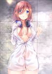  :o ass_visible_through_thighs bangs blue_eyes breasts brown_hair commentary_request dress_shirt go-toubun_no_hanayome headphones headphones_around_neck highres large_breasts long_hair long_sleeves looking_at_viewer nakano_miku naked_shirt navel no_bra no_panties see-through shirt solo standing wet wet_clothes white_shirt yukishiro_arute 