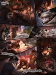  2018 5_fingers anthro black_lips blue_eyes brown_fur brown_hair brown_nose canine caracal clothed clothing comic day detailed_background digitigrade dog english_text equine feline female feral fox fur green_eyes group hair horse husky hyena leopard male mammal midriff open_mouth outside tatiilange teeth text tongue 